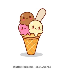 Cute ice cream scoops in a cone with happy faces in kawaii cartoon style and soft pastel tones.