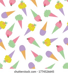 Cute Ice cream seamless background with strawberries and pineapples. 