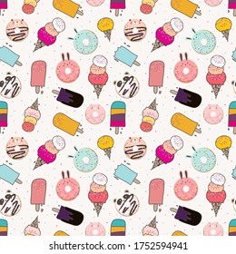 Cute ice cream seamless pattern background. Vector illustration.
