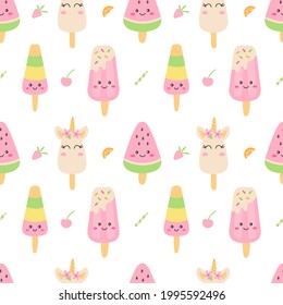 Cute ice cream seamless pattern. Funny popsicle. Kawaii cartoon style. Ideal for textile, wrapping paper or cards. Vector illustration.