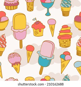 Cute ice cream seamless pattern. Seamless pattern can be used for menu, background, card template, business card or for website. Hand drawn cup pattern made in vector.