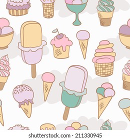Cute ice cream seamless pattern. Seamless pattern can be used for menu, background, card template, business card or for website. Hand drawn ice cream pattern made in vector.