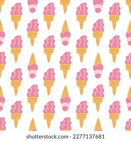 Patrón de helados sin costura. Fondo de vacaciones de verano. Ilustración vectorial dibujada a mano con cono de gofre rosa 