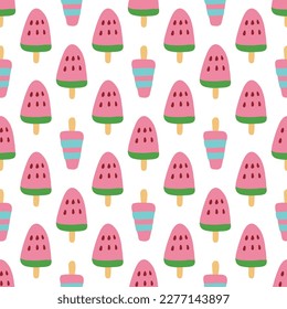 Cute ice cream seamless pattern. Summer time vacation background. Hand drawn vector illustration with watermelon popsicle