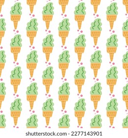 Cute ice cream seamless pattern. Summer time vacation background. Hand drawn vector illustration with lime green waffle cone