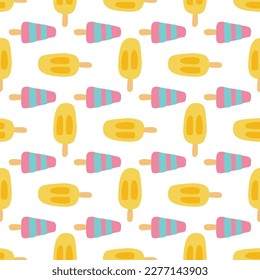 Cute ice cream seamless pattern. Summer time vacation background. Hand drawn vector illustration with yellow and pink and blue popsicle