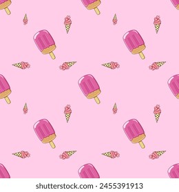 cute ice cream Seamless pattern Hand drawn prints for posters, wrapping paper, backgrounds, wallpaper, scrapbooking, textiles, children's fashion and stationery.
