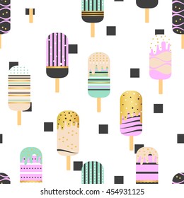 Cute ICE CREAM seamless pattern. Repeating texture of frozen tasty desserts on dark background with rektangle. colorful summer background, delicious sweet treats, vector illustration