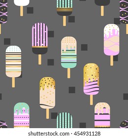 Cute ICE CREAM seamless pattern. Repeating texture of frozen tasty desserts on dark background with rektangle. colorful summer background, delicious sweet treats, vector illustration