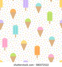 Cute ice cream seamless pattern with sprinkle background.