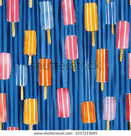 Cute ice cream seamless pattern with blue stried watercolor background. Watercolor print in rustic vintage style, textile or wallpapers.