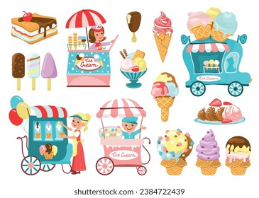 Cute ice cream sellers. Different types of cold sweets in cones, waffles and on sticks. Shopping tent on wheels. Park vans for frozen desserts selling. Food carts