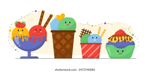 Cute ice cream set. Frozen dessert and delicacy in wafer cup and bowls. Sweet eating and food for summer season. Gelato with chocolate and strawberry. Cartoon flat vector collection