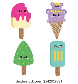 Cute ice cream set with kawaii style. Suitable for flat design graphic illustration, clip art, stickers, posters, stickers, cards, etc 