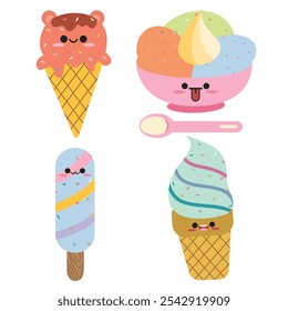 Cute ice cream set with kawaii style. Suitable for flat design graphic illustration, clip art, stickers, posters, stickers, cards, etc 