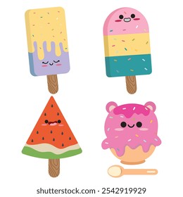 Cute ice cream set with kawaii style. Suitable for flat design graphic illustration, clip art, stickers, posters, stickers, cards, etc 