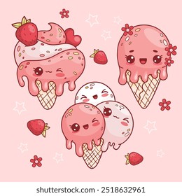 Cute ice cream set. Popsicles with strawberries and flowers cone with dripping drops. Isolated funny sweet kawaii cartoon character. Vector illustration