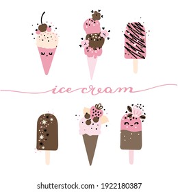 Cute ice cream set. Vector illustration hand drawing style