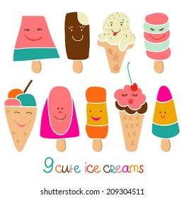 Cute ice cream set. Vector childish illustration ice-creams with faces. 
