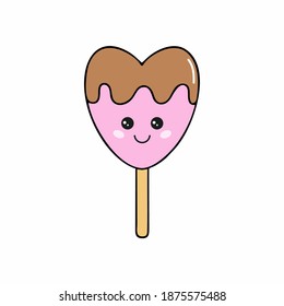 Cute ice cream in the shape of a heart. Ice cream with chocolate icing. Vector illustration of kawaii