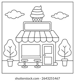 cute ice cream shop cartoon coloring pages.ice cream shop illustration in hand drawing for coloring book