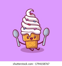 Cute Ice Cream Sitting And Holding Spoons Cartoon Vector Icon llustration. Dessert Food Cartoon Icon Concept Isolated Premium Vector. Flat Cartoon Style