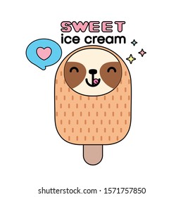 Cute ice cream with sloth isolated on white background. Vector illustration