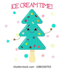 Cute ice cream smiley on a stick in the shape of a Christmas tree in the style of a cartoon against the background of the template and text. Vector illustration, flat.