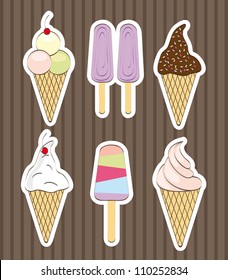 cute ice cream stickers over brown background. vector illustration