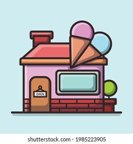 Cute Ice Cream Store Building Vector Icon Illustration. Summer Building and Landmark Concept Flat Cartoon Style.