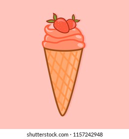 Cute ice cream with strawberry. Idea for sticker, pattern, badge, logo, notebook. Cold dessert. Vector illustration.
