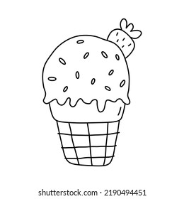 Helado lindo con fresa aislada sobre fondo blanco. Buena comida. Ilustración de vectores dibujada a mano en estilo doodle. Perfecto para varios diseños, tarjetas, decoraciones, logotipo, menú.