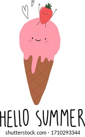 Cute ice cream with strawberry vector illustration. Cartoon kawaii charachters.