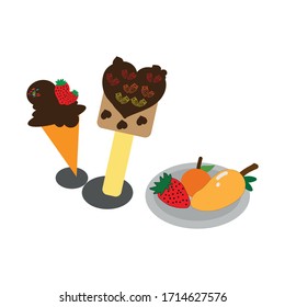 Cute Ice cream, summer tasty snack cartoon vector illustrations set and fruit set.