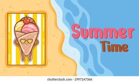 Helado lindo para tomar el sol en la playa con una pancarta de saludo de verano