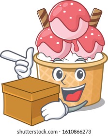 Cute ice cream sundae cartoon character having a box