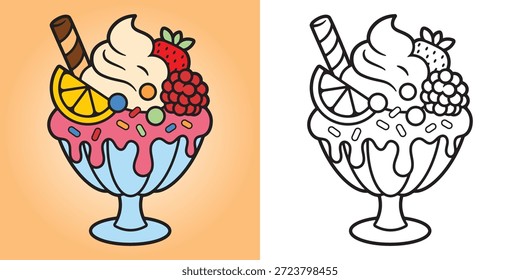 Cute ice cream sundae coloring page in a parfait glass with fruits, wafer, and sprinkles. Simple kids-friendly line art with colored preview. Main object and background are separated, not merged in one layer