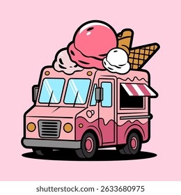 Cute Ice Cream Truck Illustration with Scoops and Cones