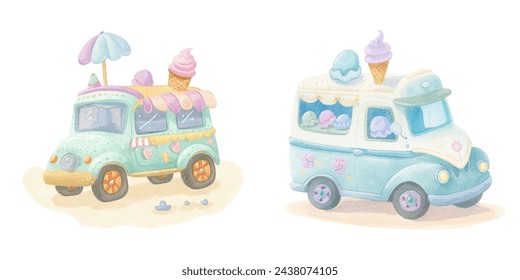 cute ice cream truck watercolour vector illustration 