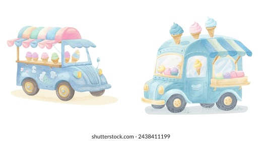 cute ice cream truck watercolour vector illustration 