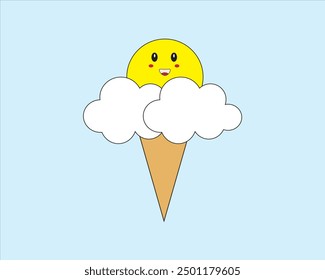Cute ice cream with two fluffy clouds and the sun isolated on a blue background. Art, atmosphere, bright, cartoon, creative, illustration, meteorology, nature, vector and weather.