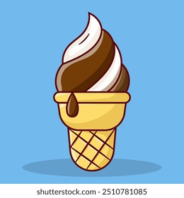 Cute Ice Cream with Vanilla Chocolate Flavor Cartoon Icon Illustration.Object Icons with Sweet Food or Dessert Theme