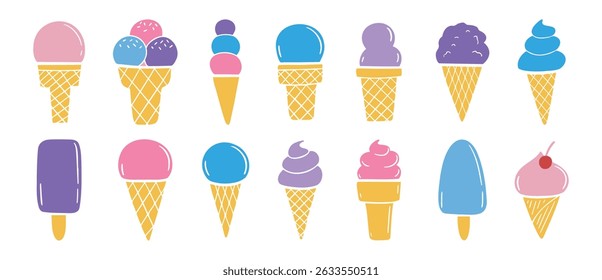 cute ice cream various set. Hand drawn cartoon ice cream colored trendy collection. ice cream clipart illustration. Vector illustration