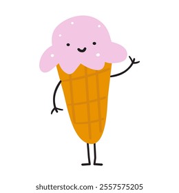 Cute ice cream. Vector hand drawn character. Flat design. Illustration on white background.