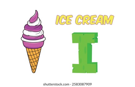 Cute I for Ice Cream vector illustration for ABC flashcards, preschool learning, and vocabulary building. Perfect for kindergarten worksheets, educational cards, and sweet-themed lessons!