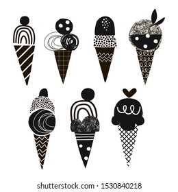 Cute Ice Cream Vector Illustrations Set. Doodle Yummy Gelato Simple Composition. Cartoon Dessert Drawings Pack. Squiggle, Zigzag, Line, Dot Elements. Scoop Ice Cream In Waffle Cone Icons Collection