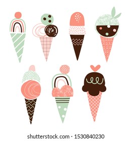 Ilustraciones vectoriales de helado mate. Doodle delicioso gelato simple composición. Paquete de dibujos de postres de caricatura. Esquivar, zigzag, línea, puntos. Colección de iconos de conos de gofre con helado de escopeta