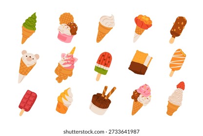 Juego de Vector de helado lindo. Paletas de Dibujos Animados, Conos y Postres Congelados Colección. Ilustración de dulces de verano para menú, pegatinas, patrones, diseño para niños
