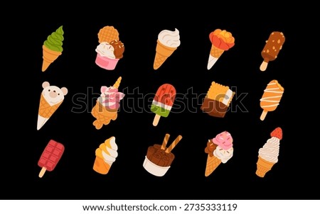 Cute Ice Cream Vector Set. Flat Cartoon Popsicles, Cones and Frozen Desserts Collection. Sweet Summer Treats Illustration for Menu, Stickers, Patterns, Kids Design