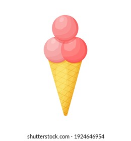 Cute ice cream in waffle cone with pink balls in scandinavian style isolated on white background stock vector illustration. Sweet food, dessert. Simple, trendy print, design element. 